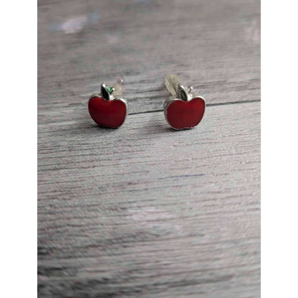 Red Enamel Apple Stud Earrings Silver Tone Fruit Teacher Jewelry